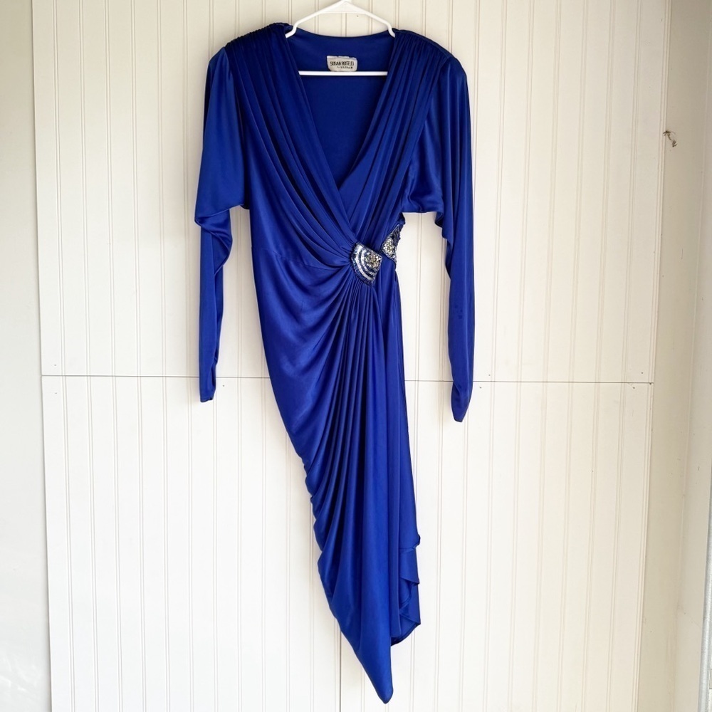Vintage Susan Roselli for Vijack  Size 6 Royal Blue Ruched Beaded Wrap Dress